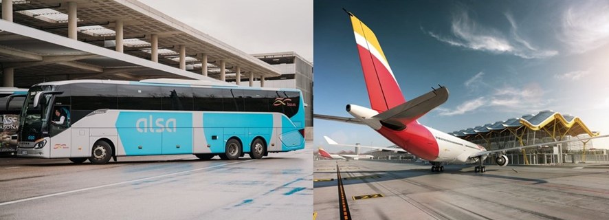 Imagen de un bus de Alsa y un avión de Iberia