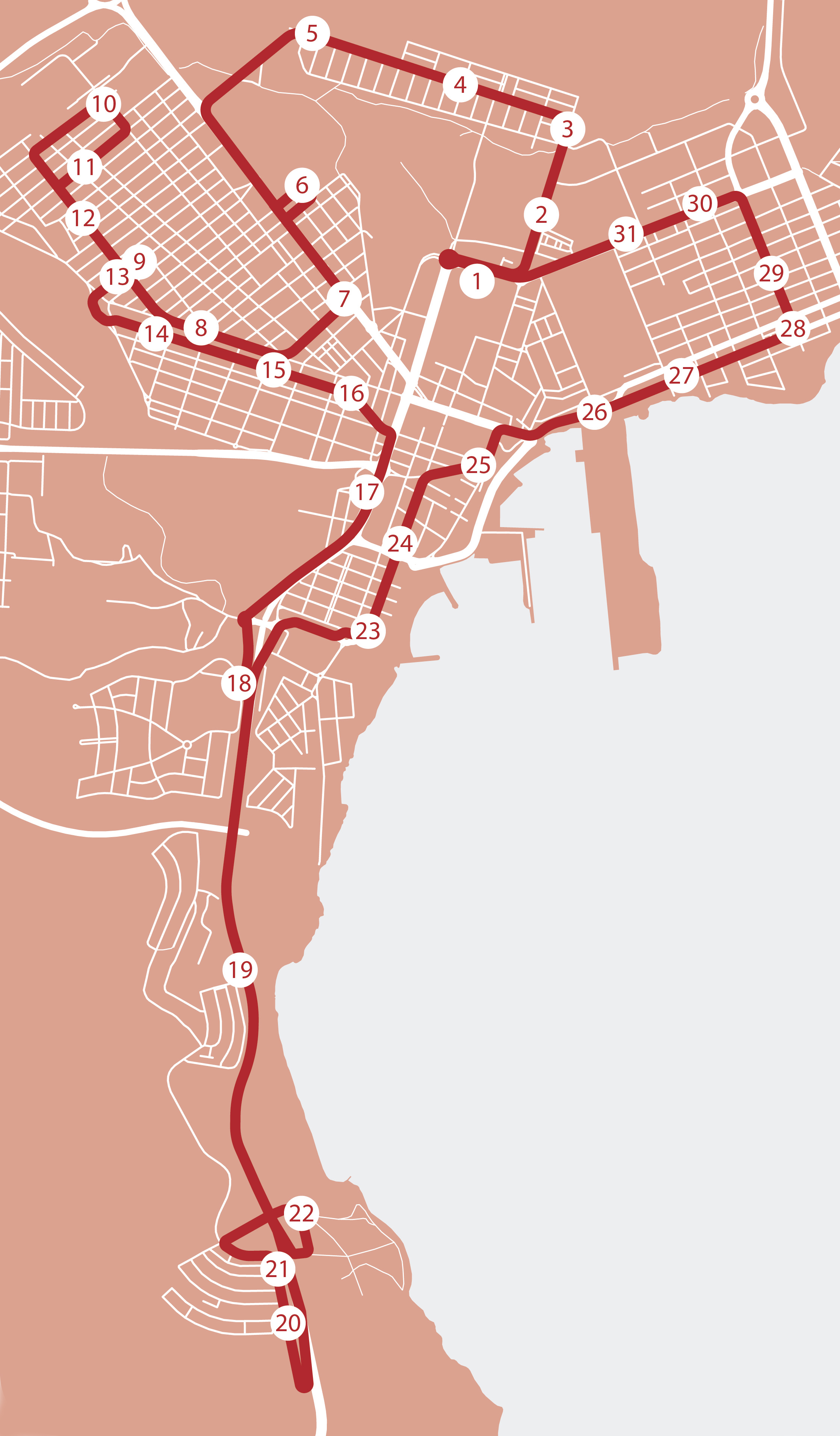 Mapa del recorrido y paradas de la Línea 1 de Puerto del Rosario